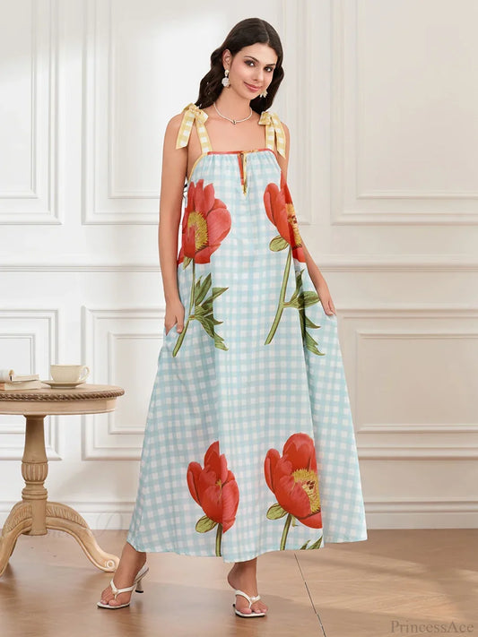 Plaid Flower Sleeveless Tank Floral Dress BLUE / S floraldress-250126