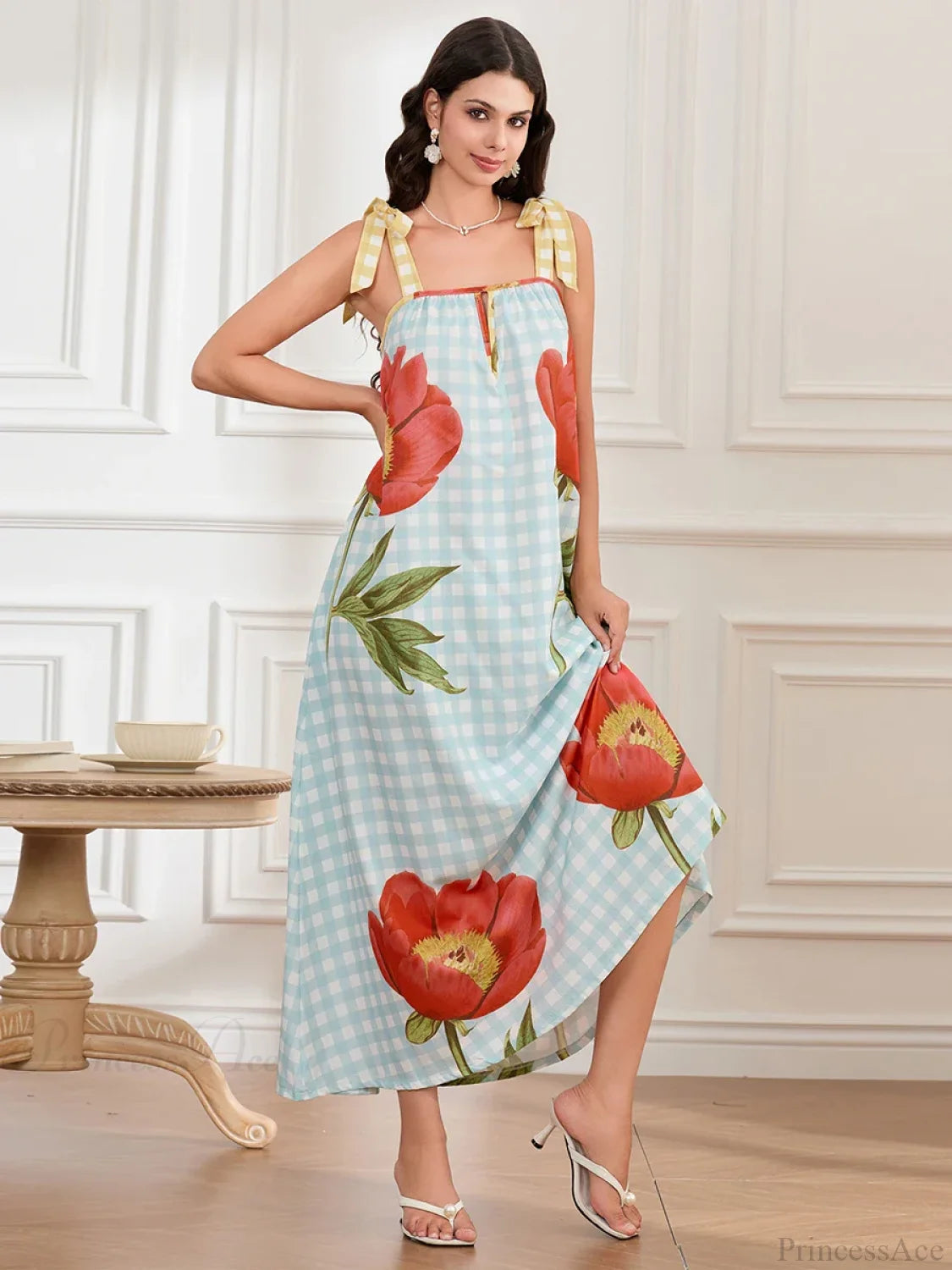 Plaid Flower Sleeveless Tank Floral Dress floraldress-250126