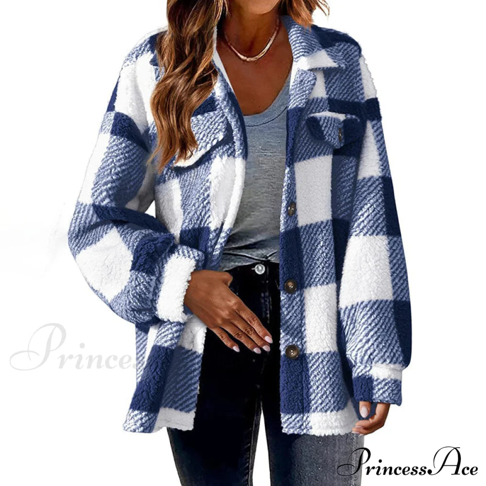 Casual Warm Plaid Coat Blue best Best Sellings cardigan cardigans clothes Plus Size Sale tops Topseller