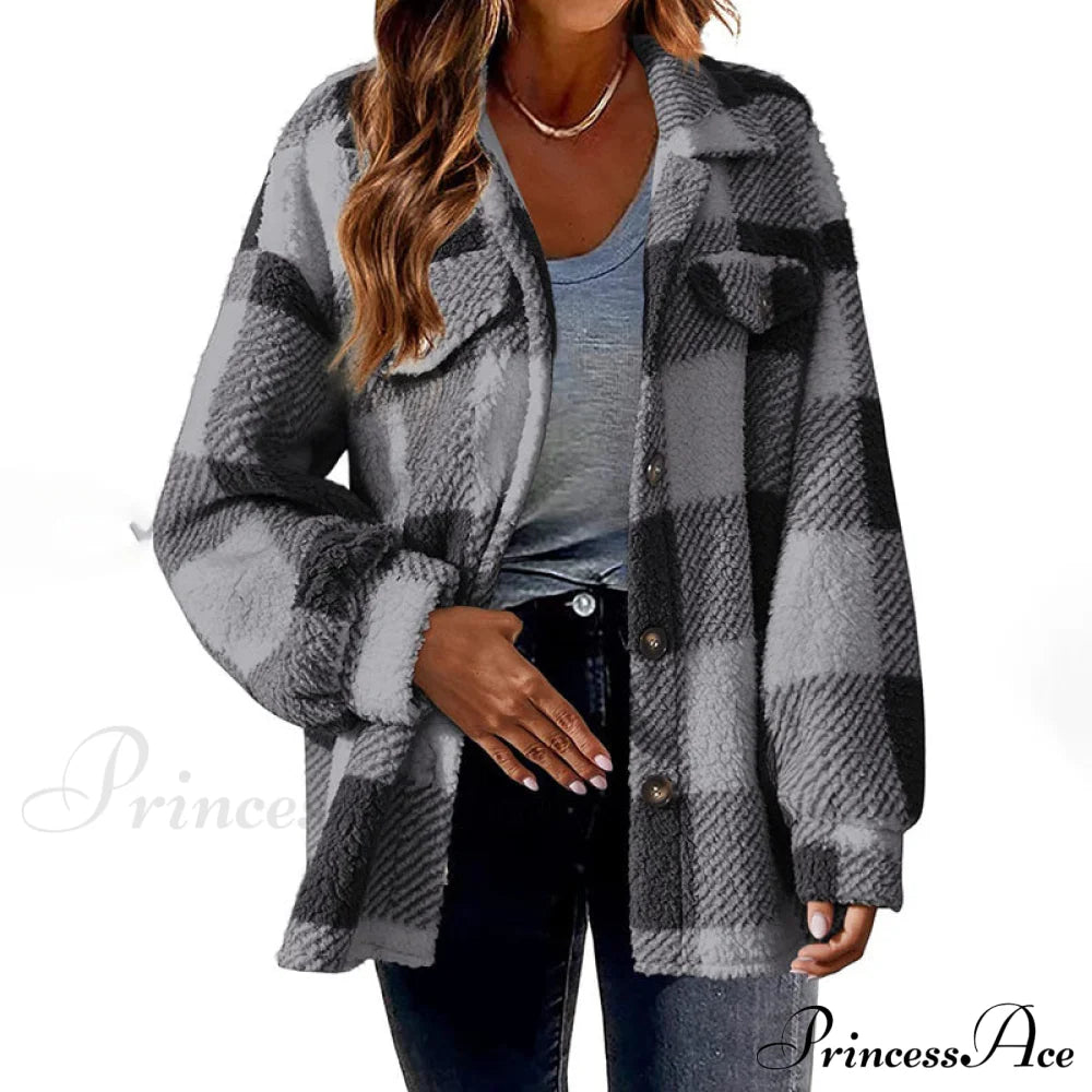 Casual Warm Plaid Coat Gray best Best Sellings cardigan cardigans clothes Plus Size Sale tops Topseller