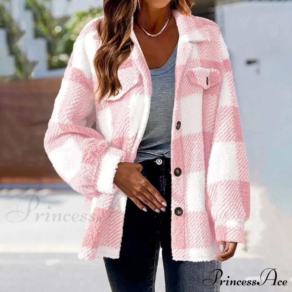 Casual Warm Plaid Coat Pink best Best Sellings cardigan cardigans clothes Plus Size Sale tops Topseller