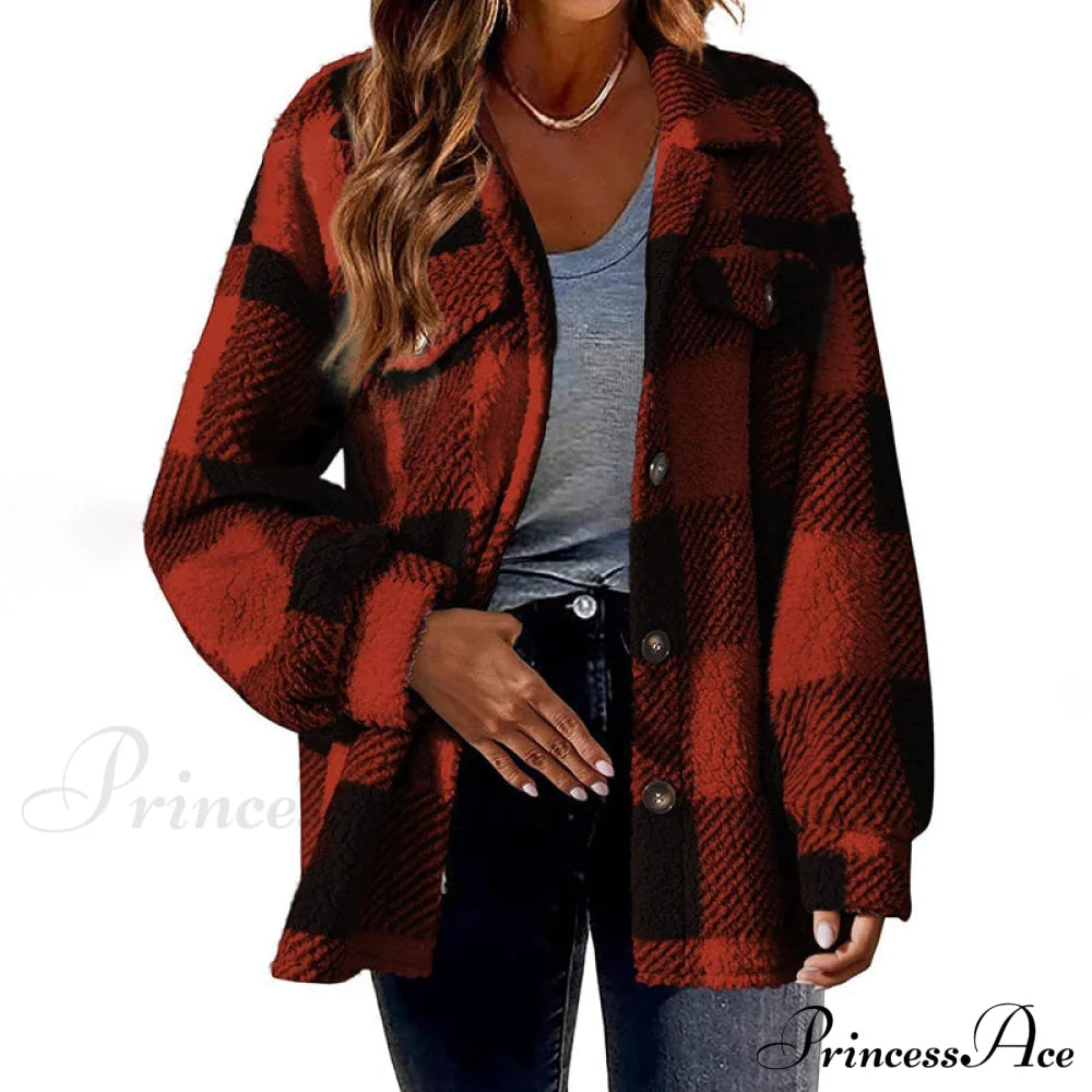 Casual Warm Plaid Coat Red best Best Sellings cardigan cardigans clothes Plus Size Sale tops Topseller