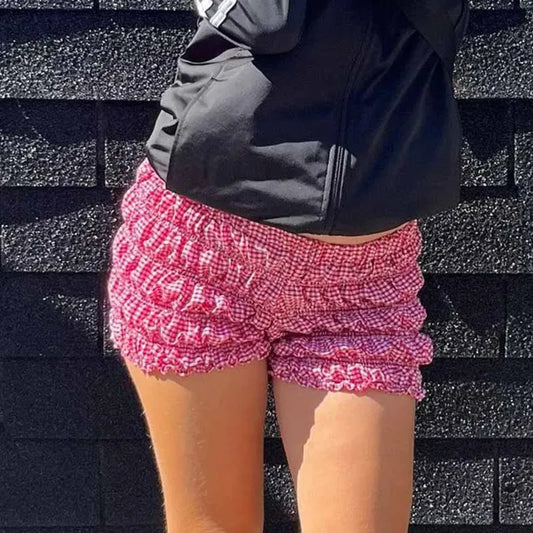 Plaid Frill Tiered Low-Rise Short pink / S short-250223