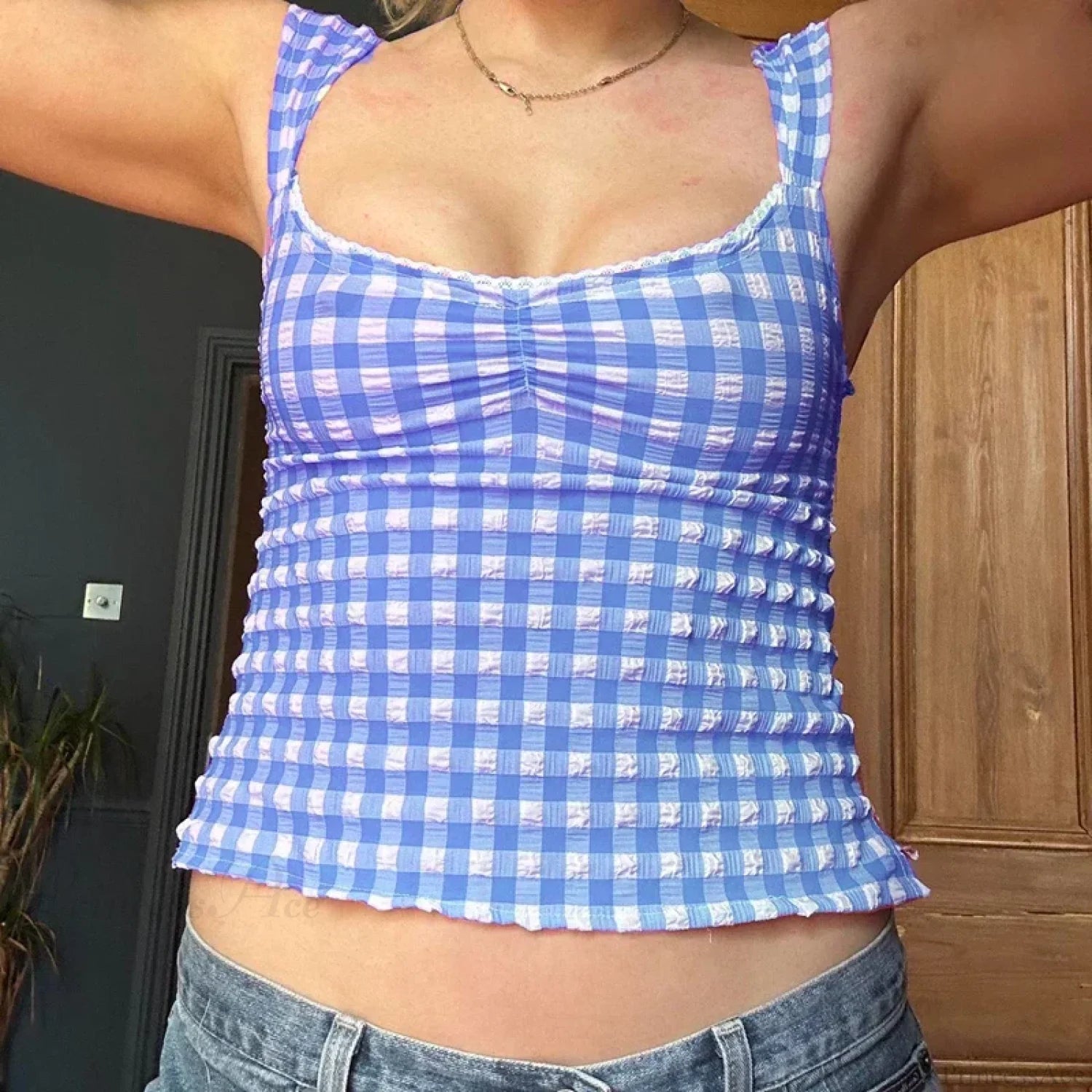 Plaid Gingham Lace Trim Square Collar Slim Fit Y2K Vintage Backless Crop Top Blue / S croptop-250126