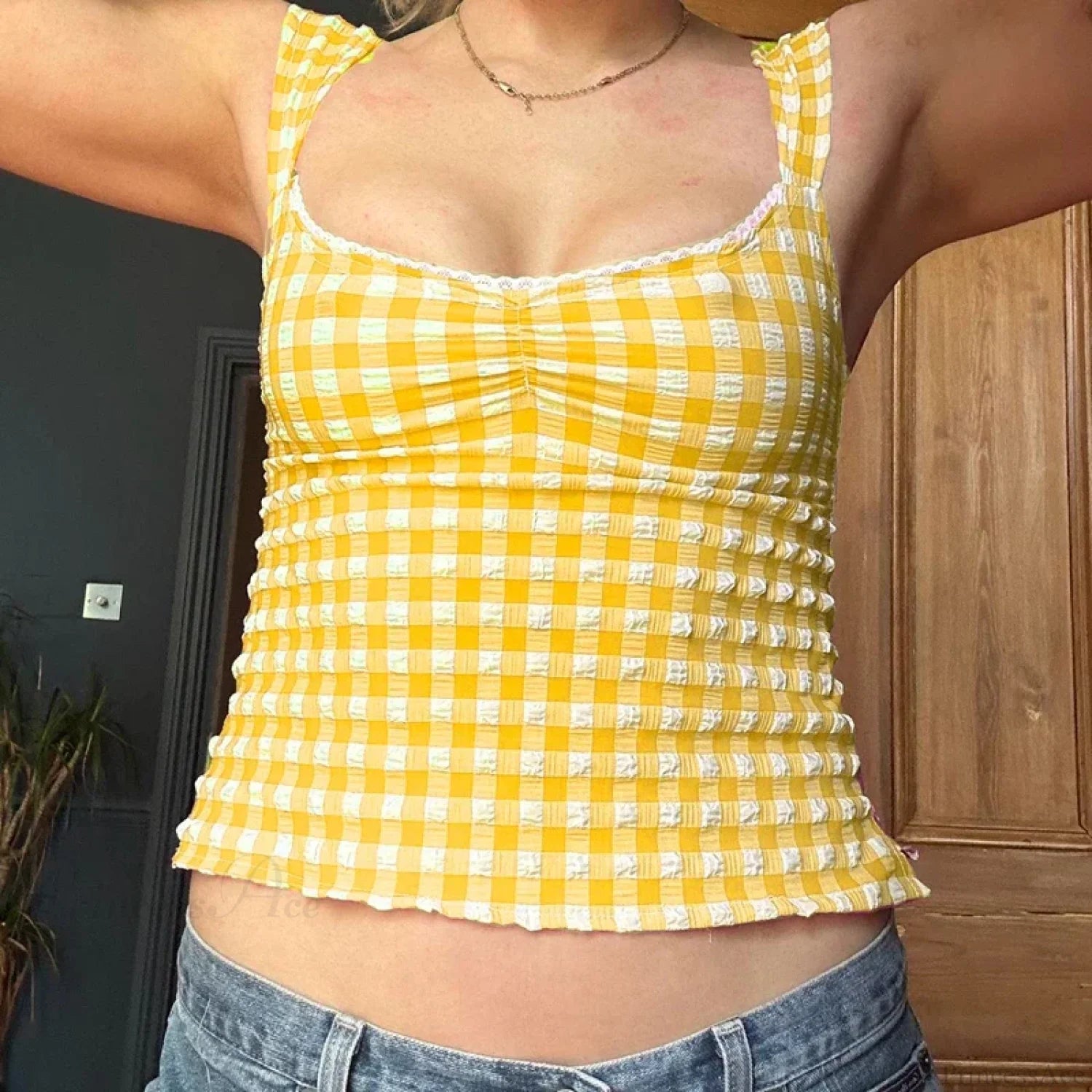 Plaid Gingham Lace Trim Square Collar Slim Fit Y2K Vintage Backless Crop Top Orange / S croptop-250126