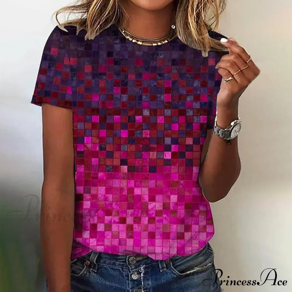 Plaid Gradient Colorful In T-Shirt Design Blouses