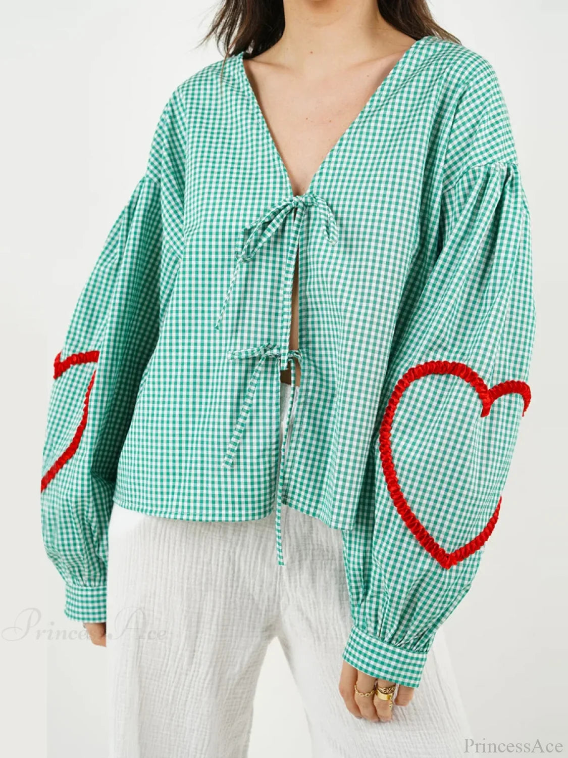 Plaid Heart Trim Tie-Up Blouse blouse-250223