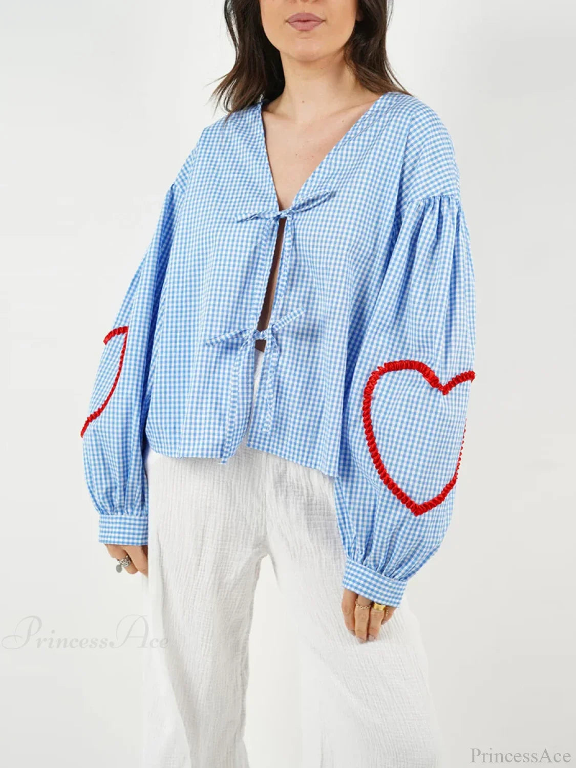 Plaid Heart Trim Tie-Up Blouse Blue / S blouse-250223