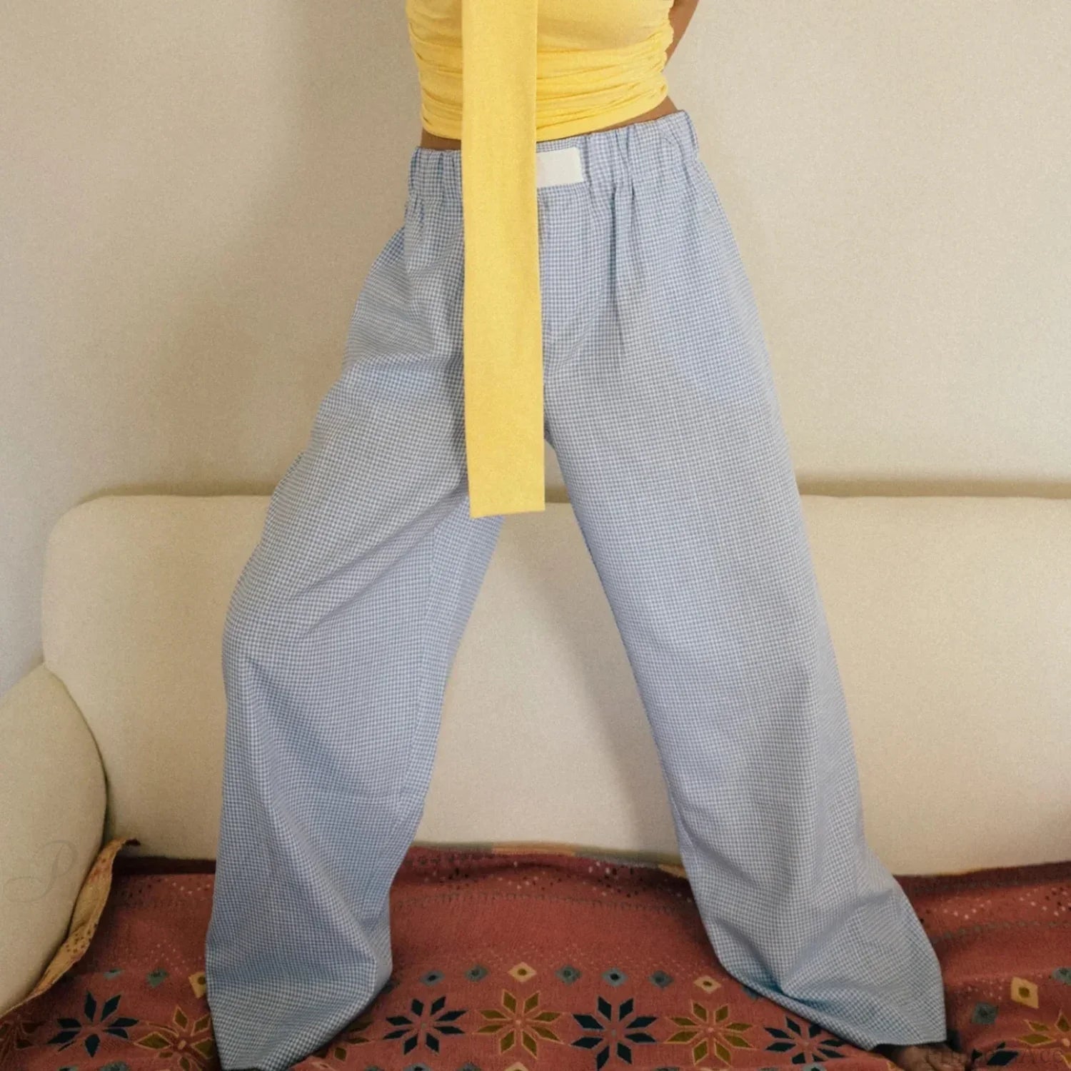 Plaid High Waist Straight Wide Leg Pajama Pant pant-250223