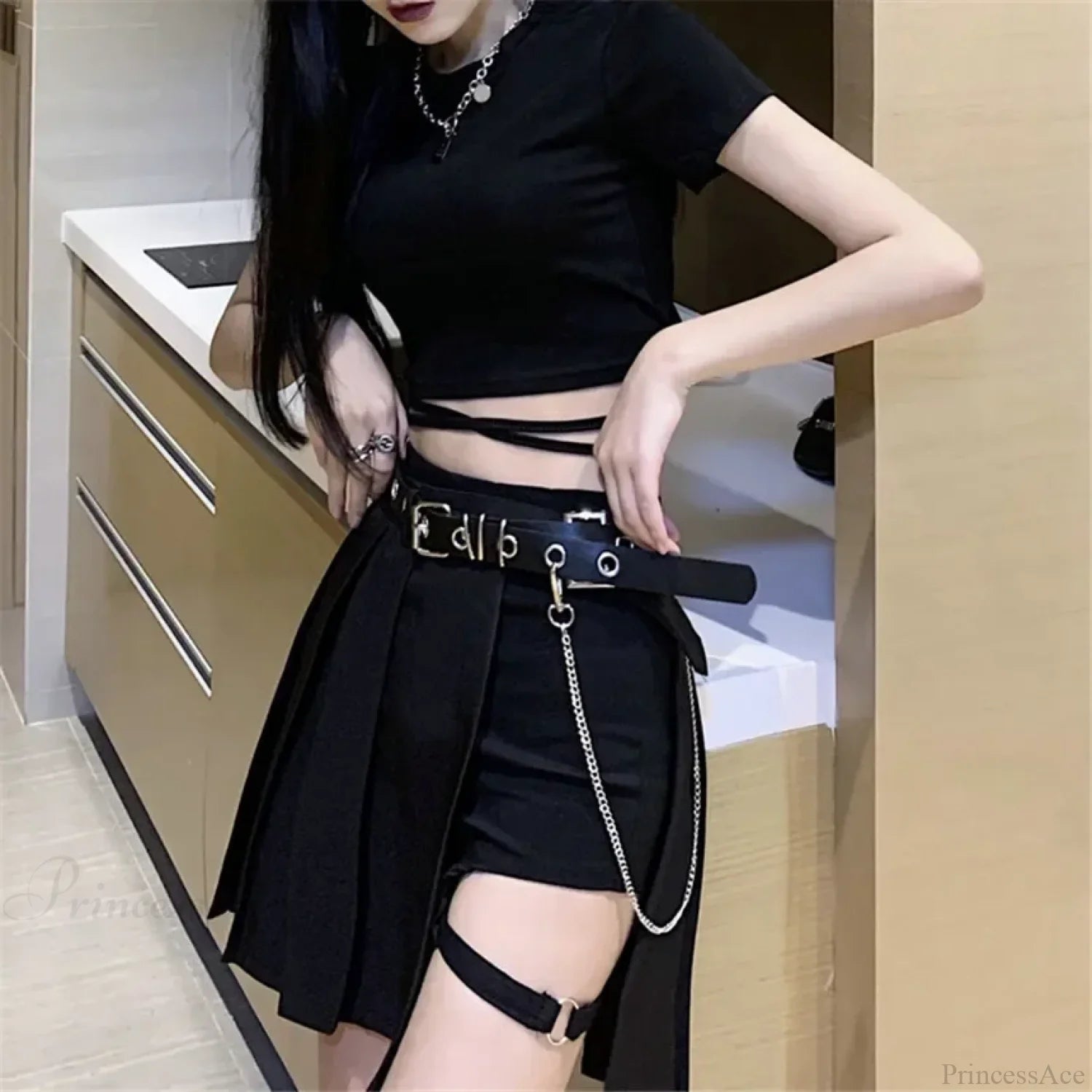 Plaid Irregular High Waist Skirt black / S
