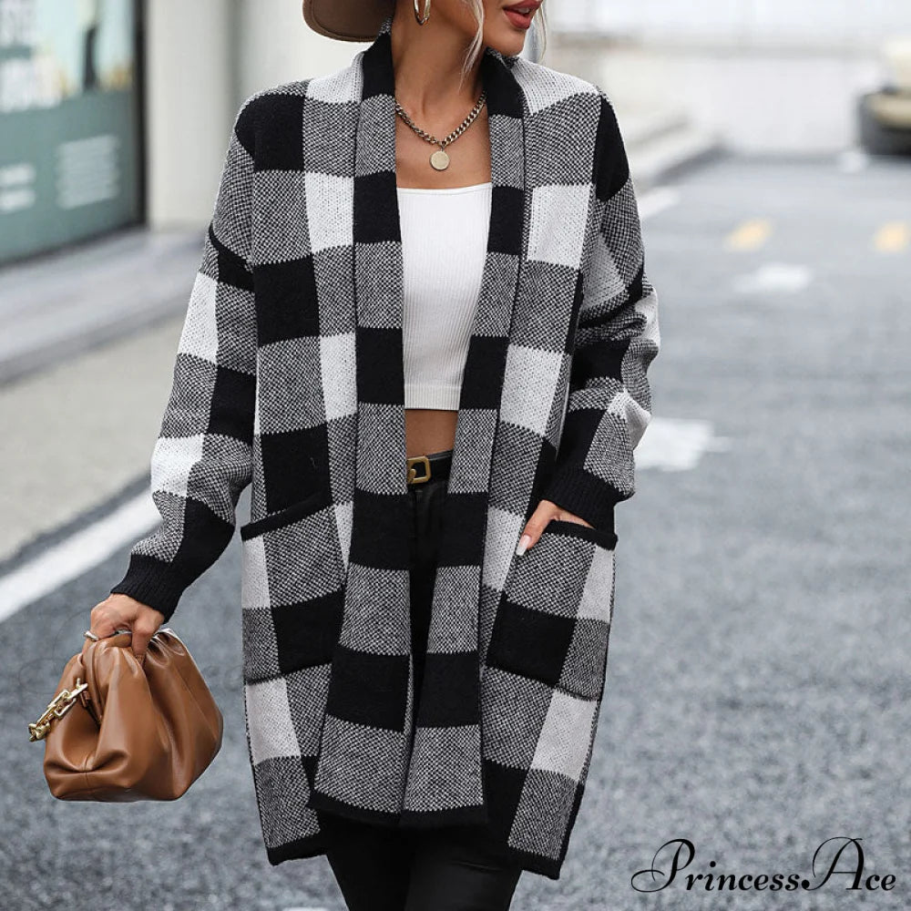 Casual Plaid Knitted Cardigan Black best Best Sellings cardigan cardigans clothes Sale tops Topseller