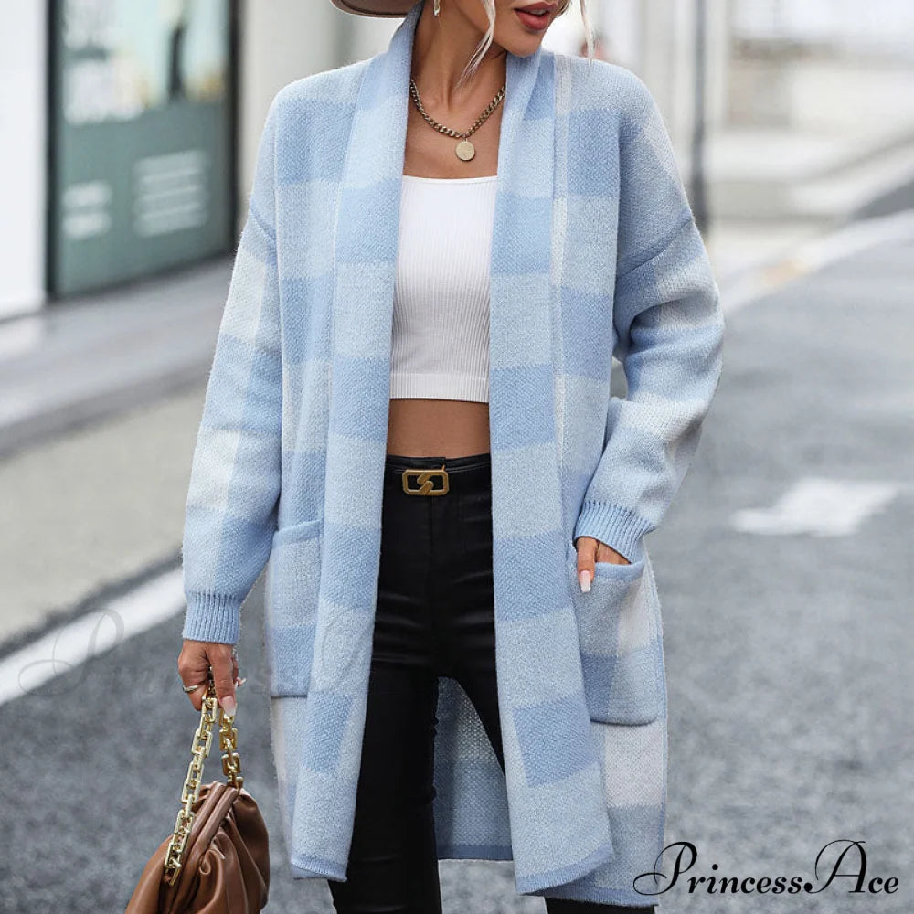 Casual Plaid Knitted Cardigan Blue best Best Sellings cardigan cardigans clothes Sale tops Topseller