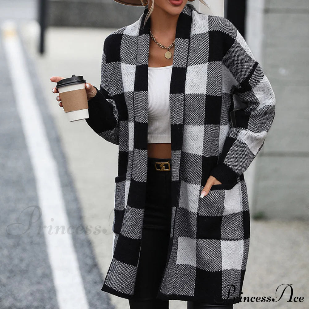 Plaid Knitted Cardigan Coats