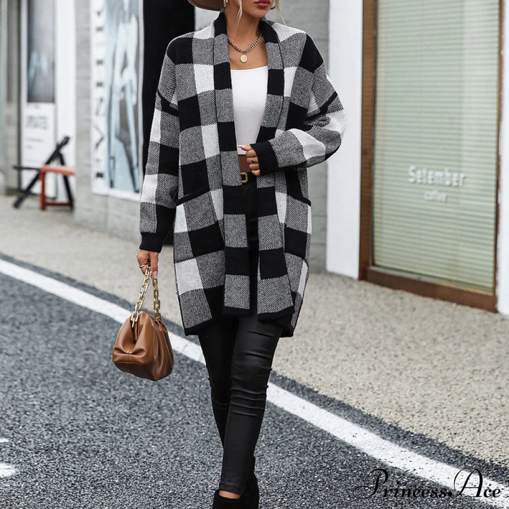 Plaid Knitted Cardigan Coats