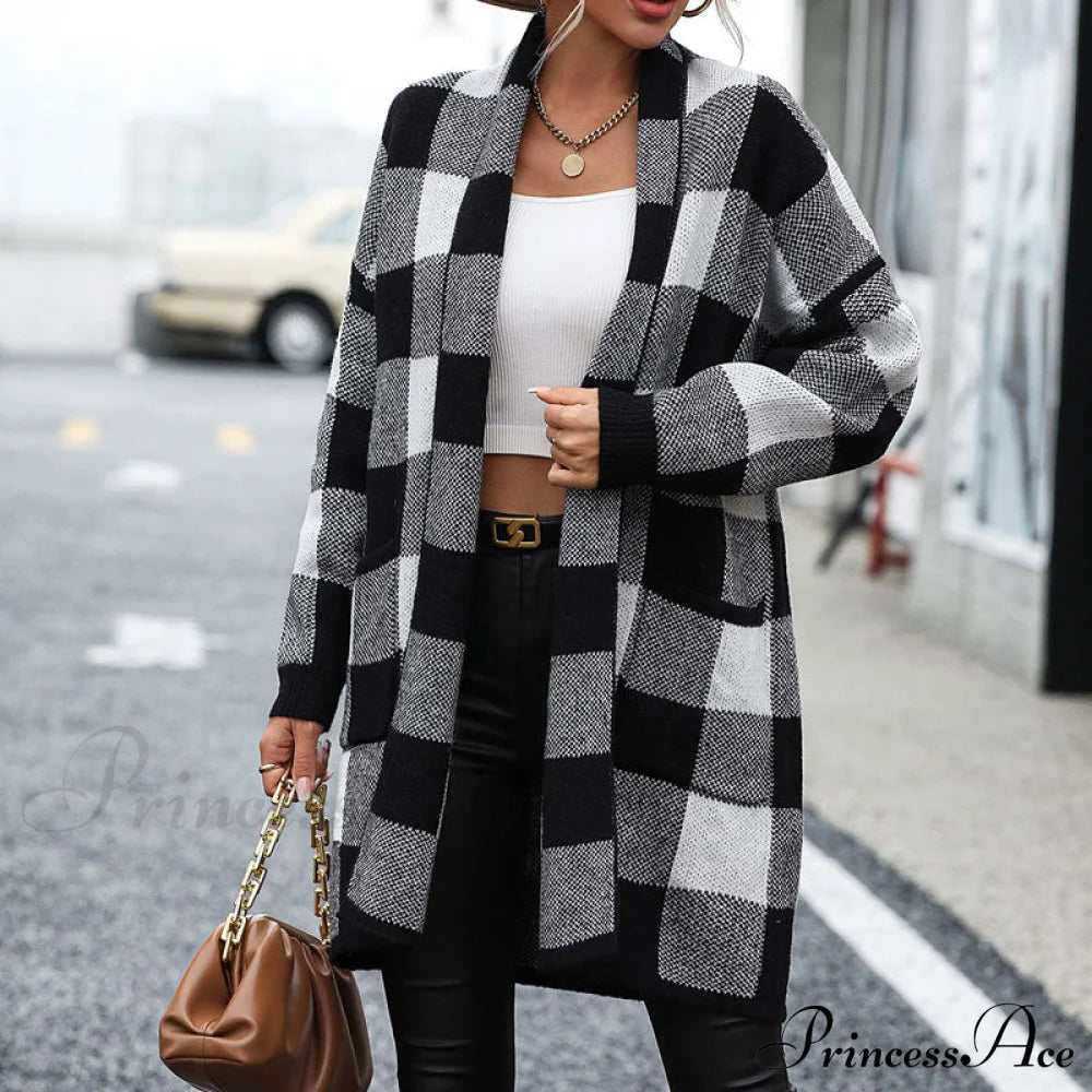 Plaid Knitted Cardigan Coats