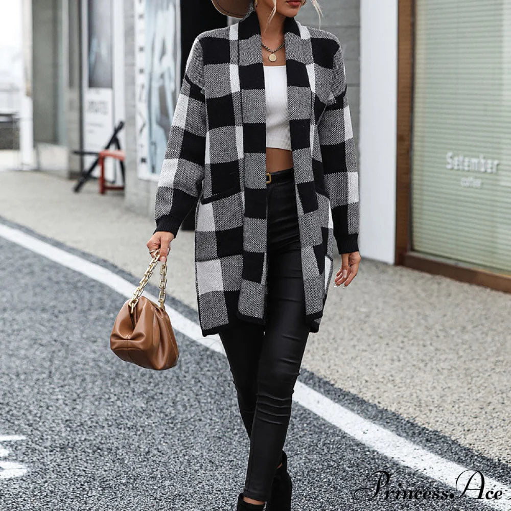 Plaid Knitted Cardigan Coats