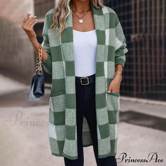 Casual Plaid Knitted Cardigan Green best Best Sellings cardigan cardigans clothes Sale tops Topseller