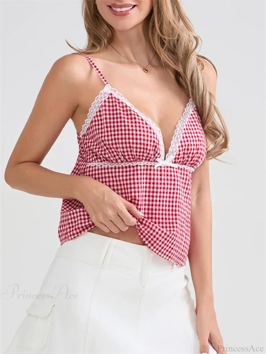 Plaid Lace Trim Spaghetti Strap Tank Crop Top croptop-250126