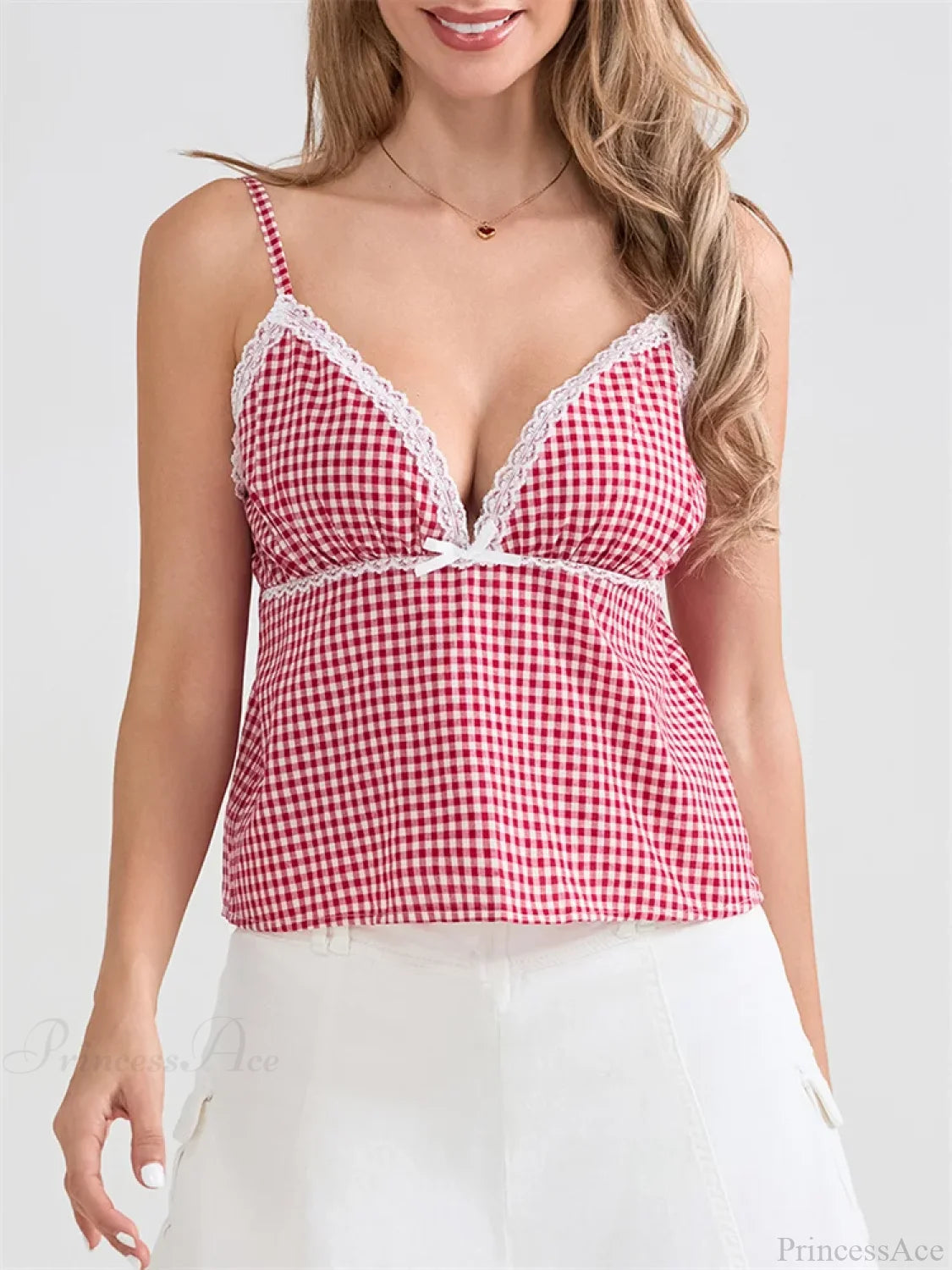 Plaid Lace Trim Spaghetti Strap Tank Crop Top PINK / S croptop-250126