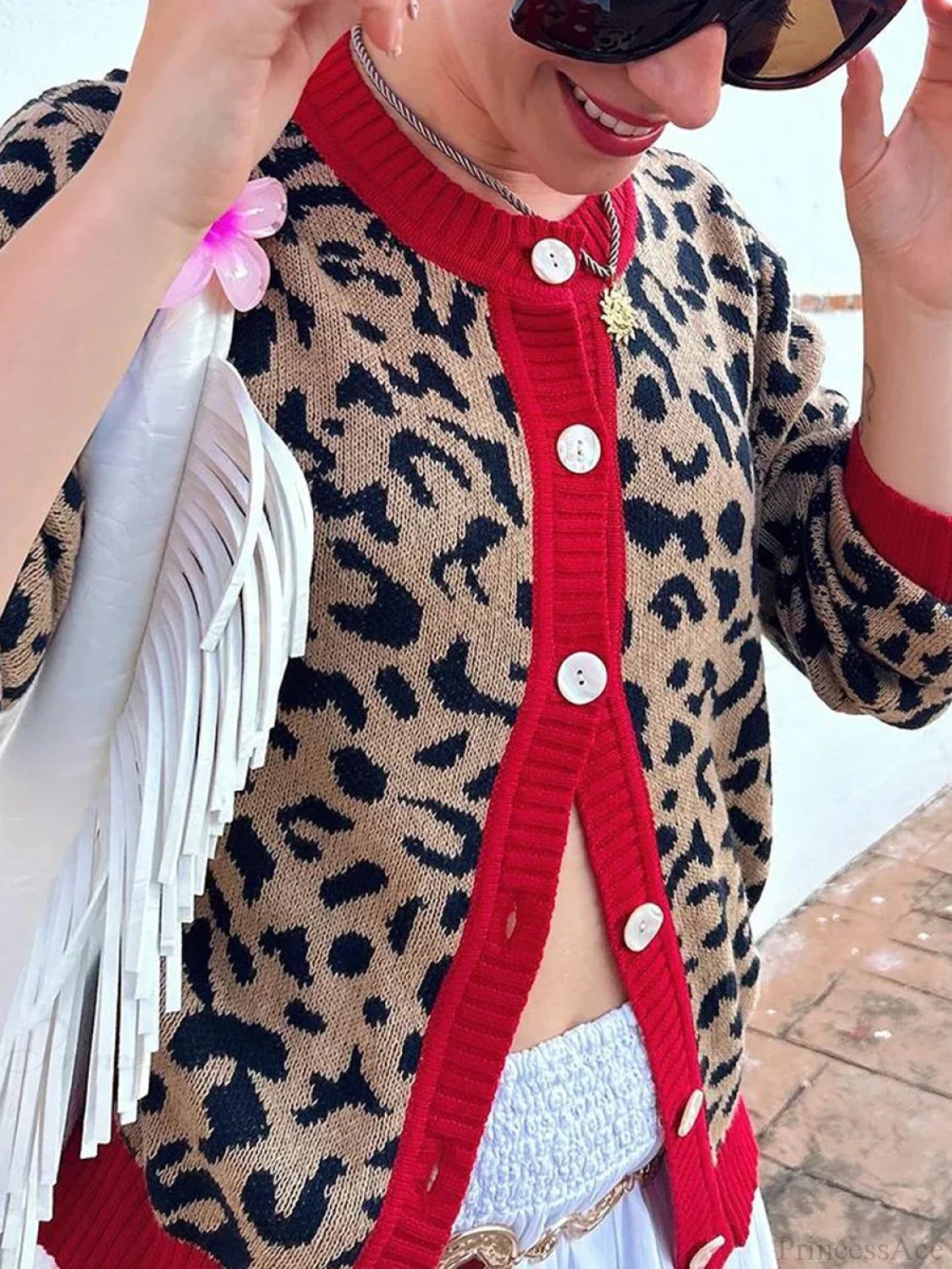 Plaid Lantern Sleeve Knit Cardigan red / S