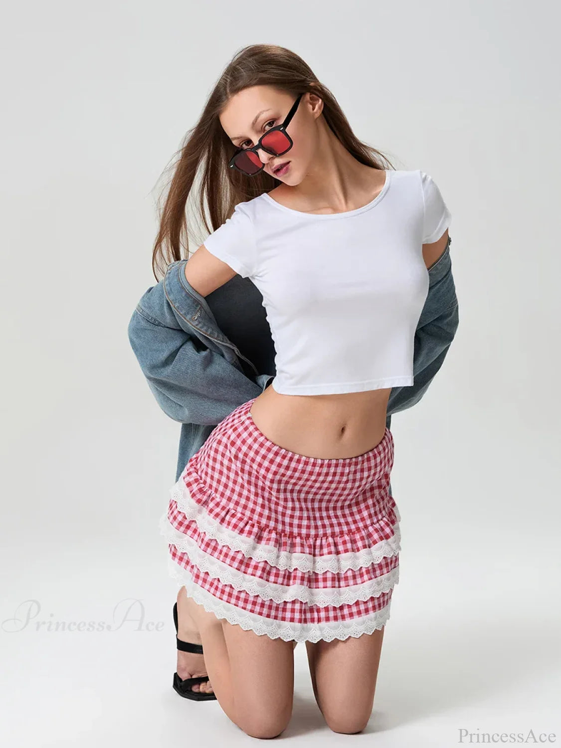 Plaid Layered Lace Zip Skirt skirts-250223