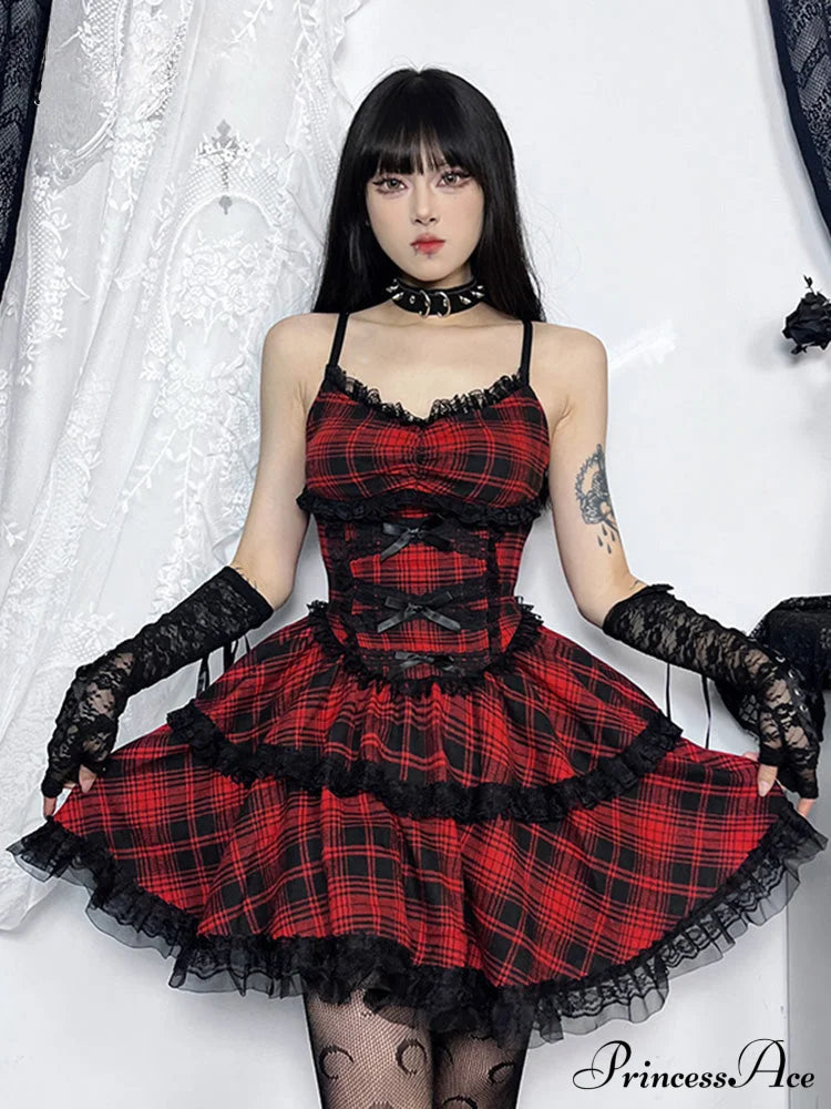 Plaid Mall Goth Grunge Punk Black Emo Party Lace Up Backless Mini Dress A-Line Halloween