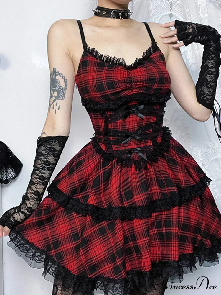 Plaid Mall Goth Grunge Punk Black Emo Party Lace Up Backless Mini Dress A-Line Halloween