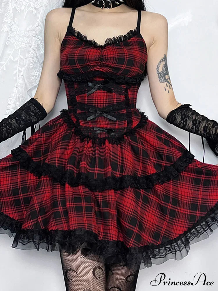 Plaid Mall Goth Grunge Punk Black Emo Party Lace Up Backless Mini Dress A-Line Halloween