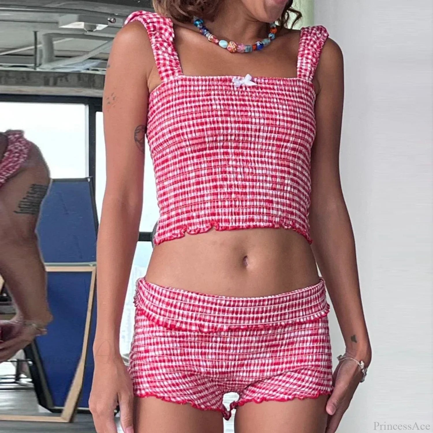 Plaid Matching Cropped Tank High Waist Shorts Two Pieces Set RED / S twopiecesset-250126