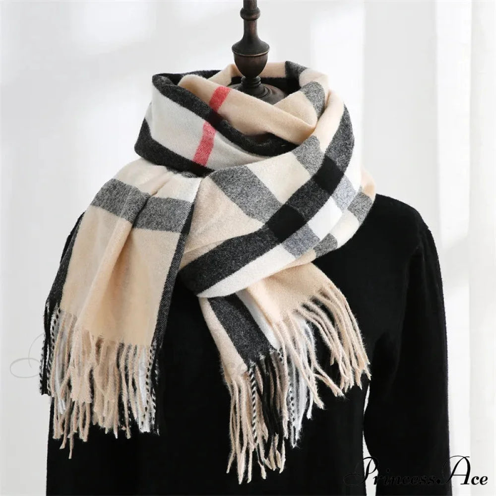 Plaid Mid-Length Imitation Cashmere Warm Autumn Winter Scarf Apricot Scarfs-L