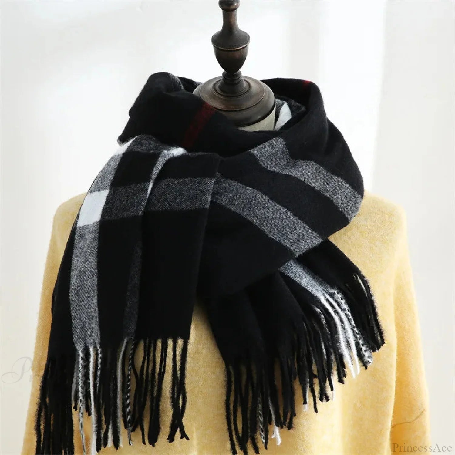 Plaid Mid-Length Imitation Cashmere Warm Autumn Winter Scarf Black - Grey Scarfs-L