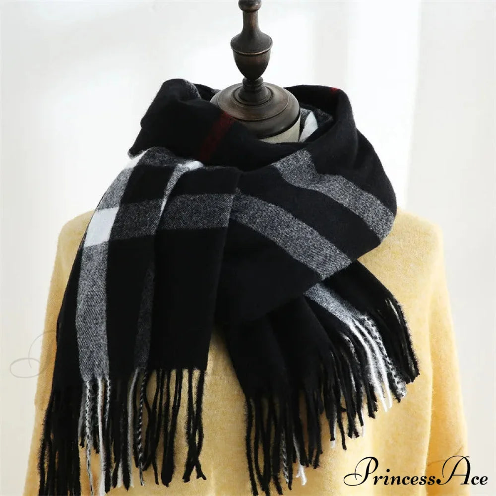 Plaid Mid-Length Imitation Cashmere Warm Autumn Winter Scarf Black - Grey Scarfs-L