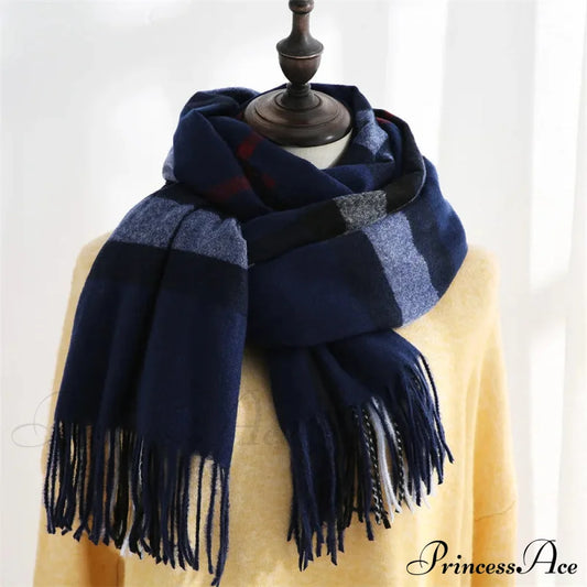 Plaid Mid-Length Imitation Cashmere Warm Autumn Winter Scarf Blue - Black Scarfs-L