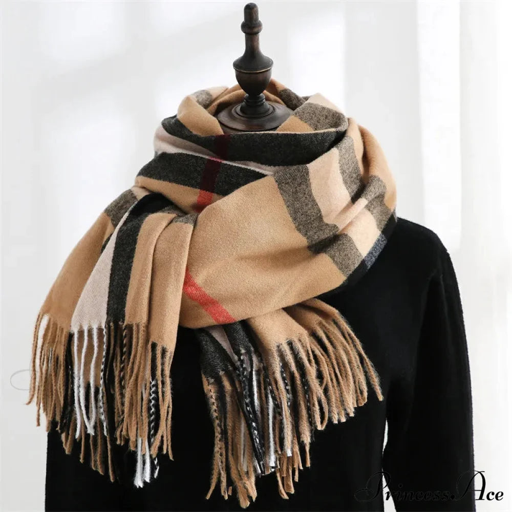 Plaid Mid-Length Imitation Cashmere Warm Autumn Winter Scarf Camle Scarfs-L