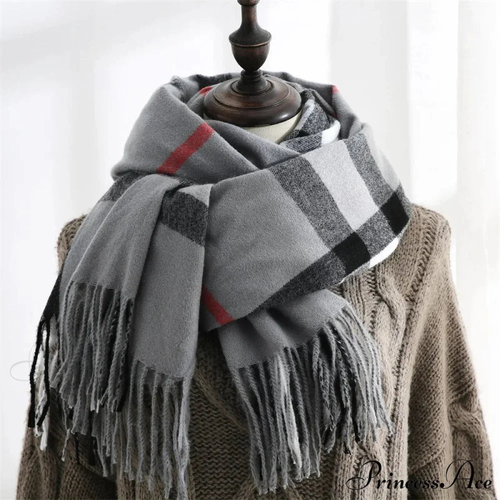 Plaid Mid-Length Imitation Cashmere Warm Autumn Winter Scarf Grey Scarfs-L