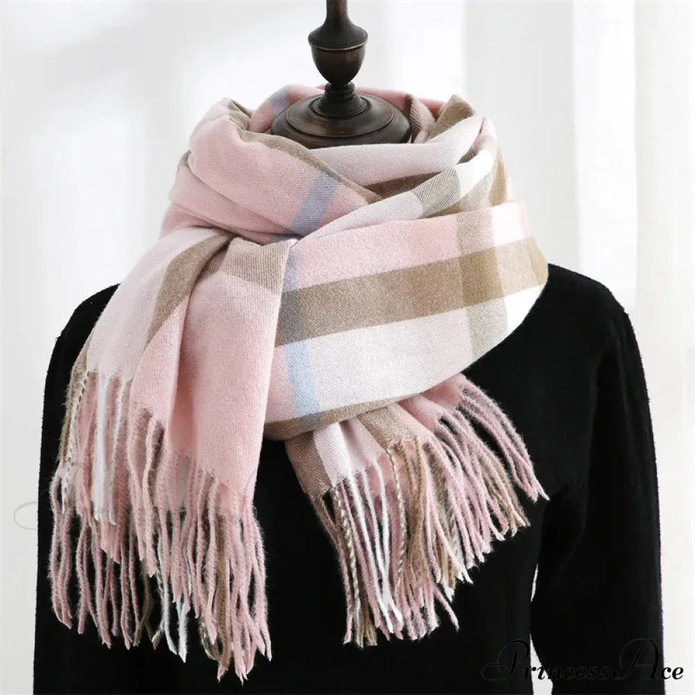 Plaid Mid-Length Imitation Cashmere Warm Autumn Winter Scarf Light Pink Scarfs-L