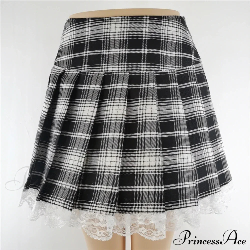 Plaid New Contrast Lace Pleated Vintage Sexy Skater Clothes Harajuku Gothic England Style Y2K Skirt