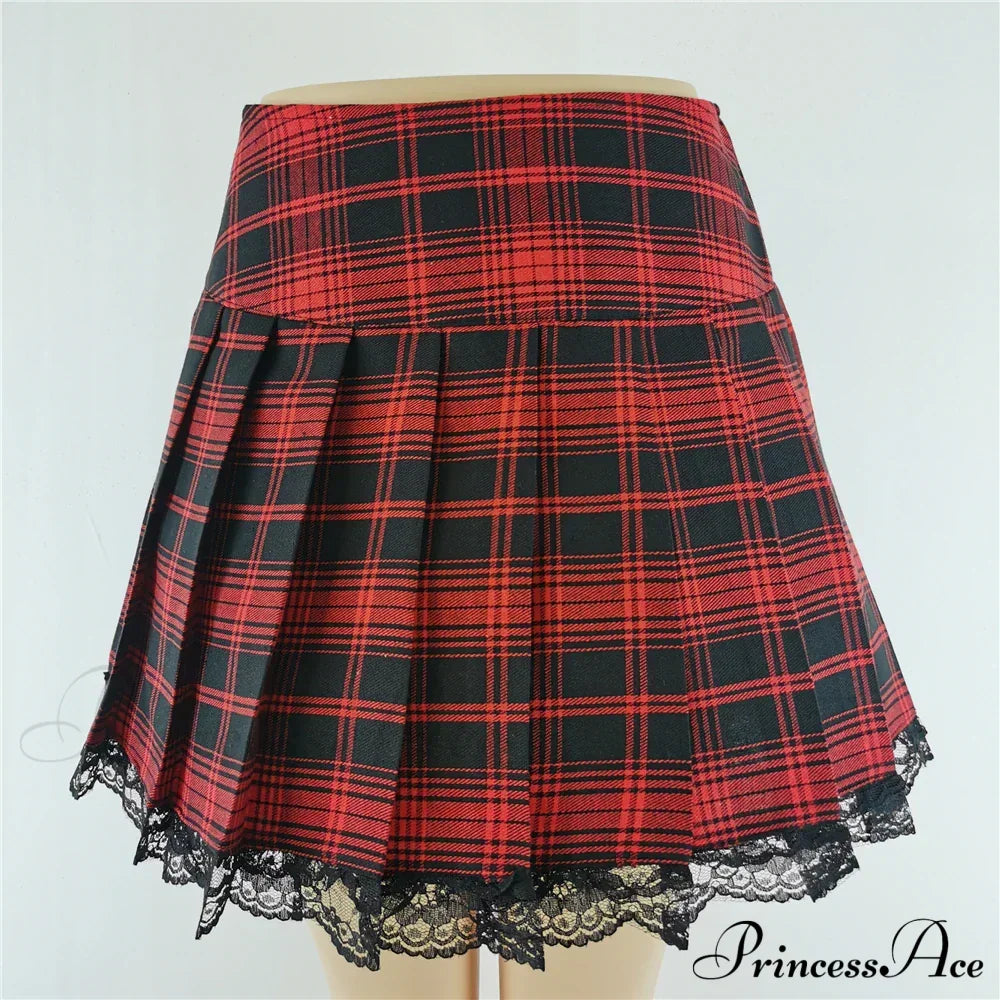 Plaid New Contrast Lace Pleated Vintage Sexy Skater Clothes Harajuku Gothic England Style Y2K Skirt