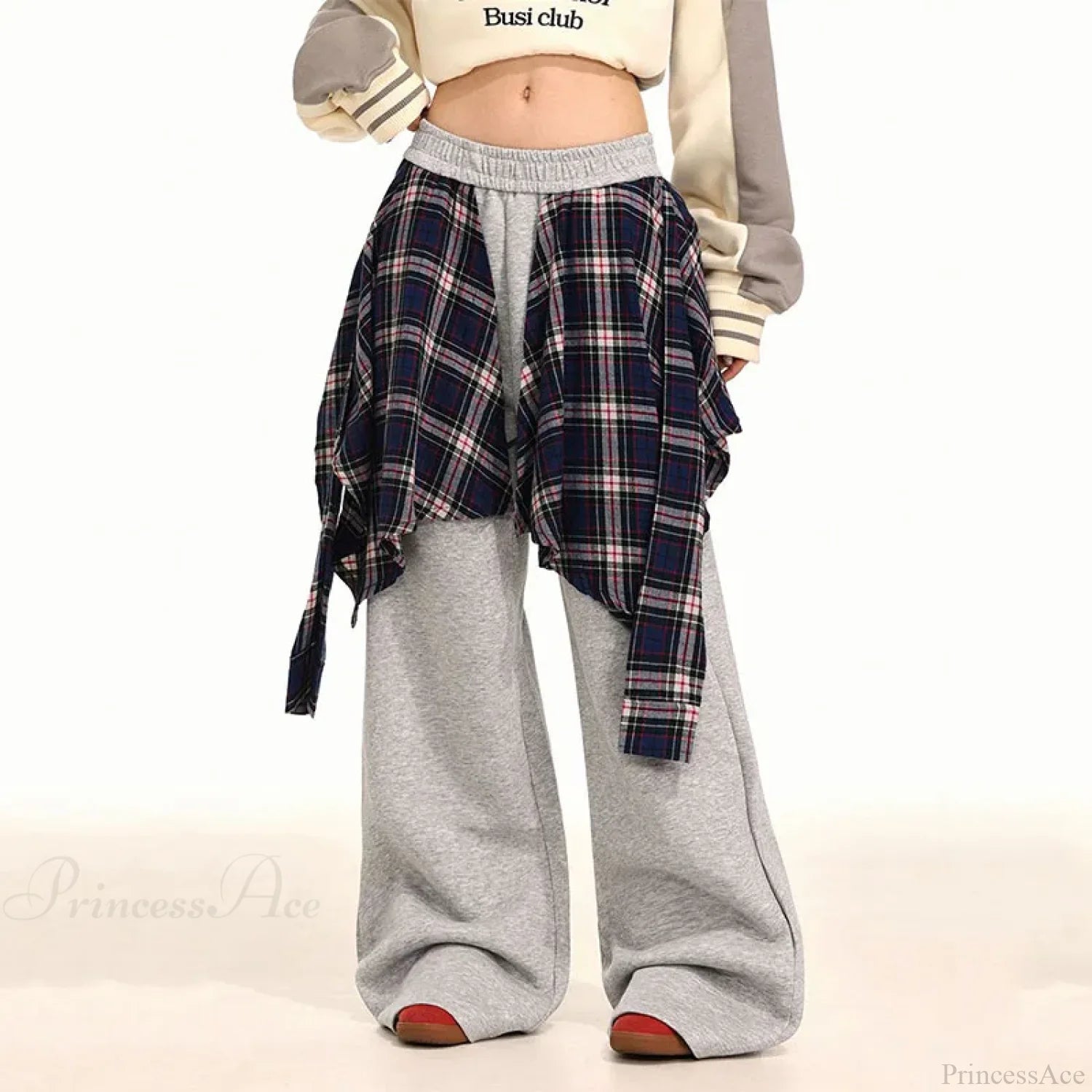 Plaid Patchwork High Waist Pants GRAY / S