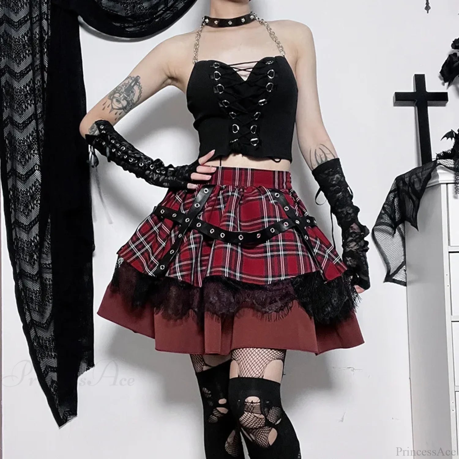 Plaid Pleated Lace Kawaii Skirt