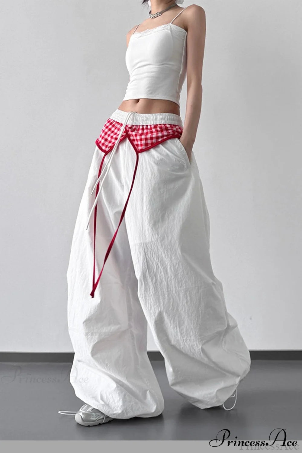 Plaid Pleated Layering Parachute Pants
