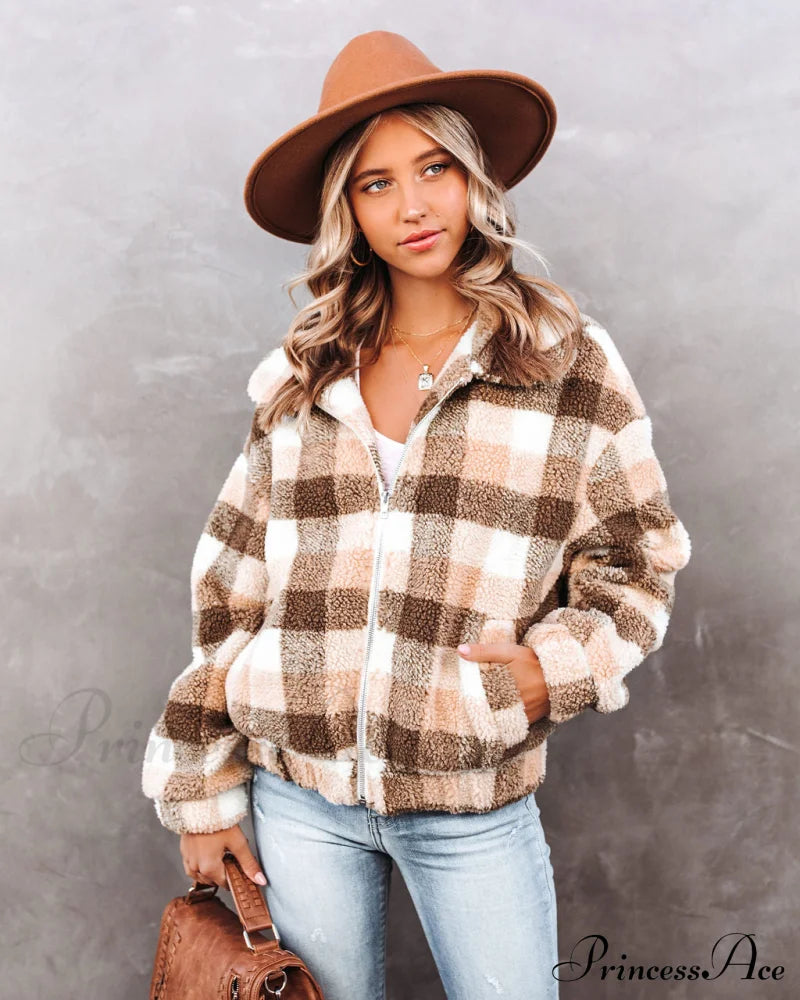 Plaid Pocketed Teddy Jacket Outerwear