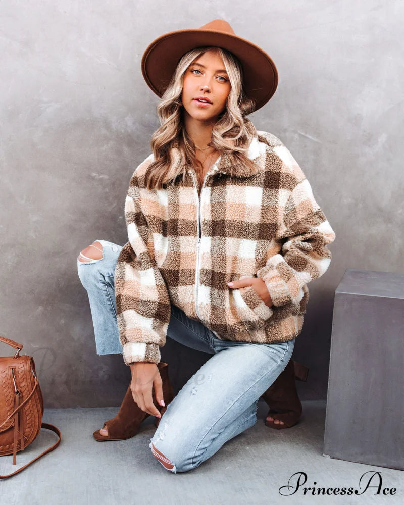 Plaid Pocketed Teddy Jacket Outerwear