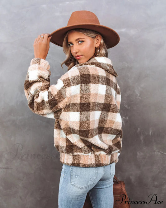 Plaid Pocketed Teddy Jacket Outerwear