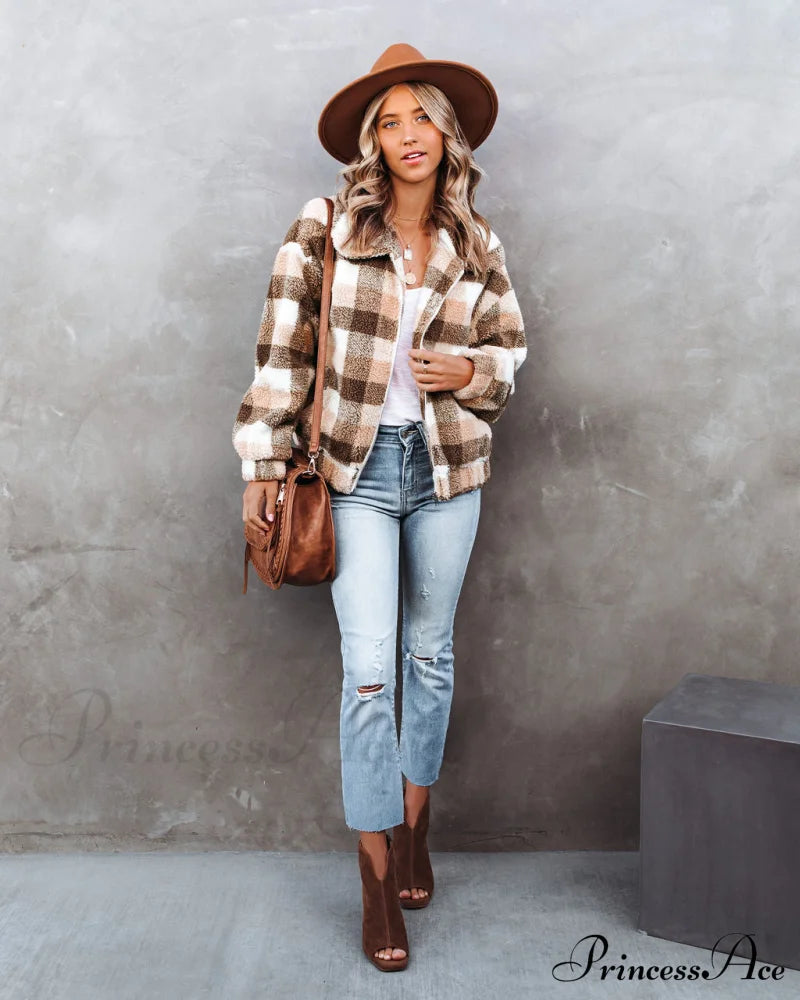 Plaid Pocketed Teddy Jacket Outerwear