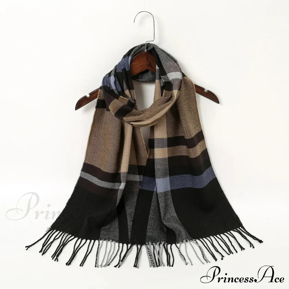 Plaid Print Cashmere Winter Pashmina Scarf - Luxury Travel Essential Blue Scarfs-L