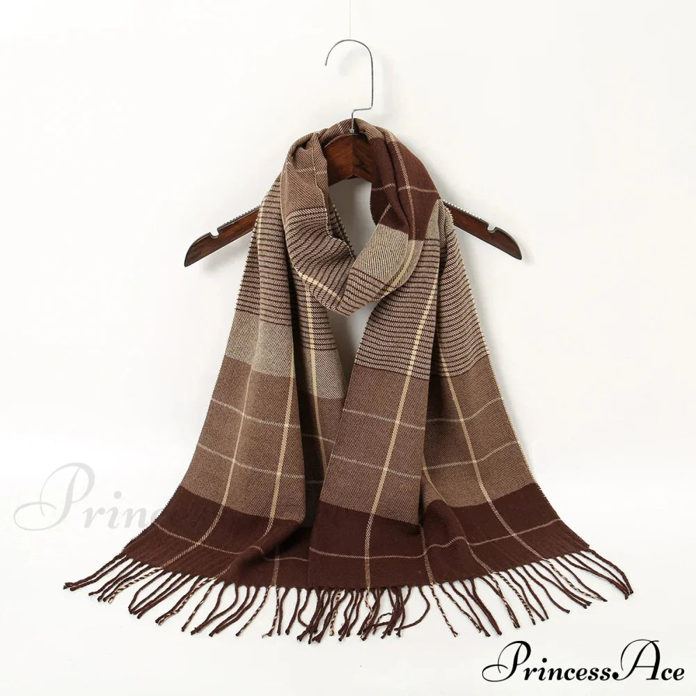 Plaid Print Cashmere Winter Pashmina Scarf - Luxury Travel Essential Brown Scarfs-L