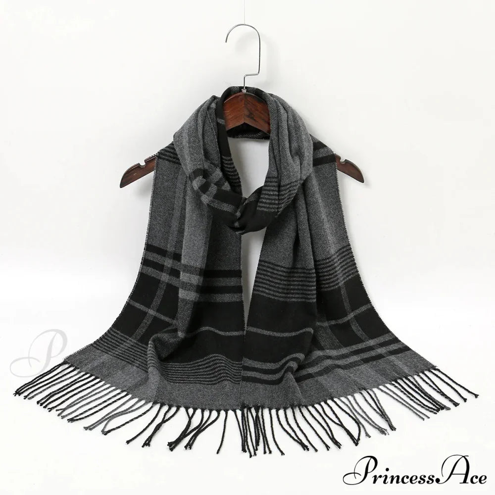 Plaid Print Cashmere Winter Pashmina Scarf - Luxury Travel Essential Grey 2 Scarfs-L