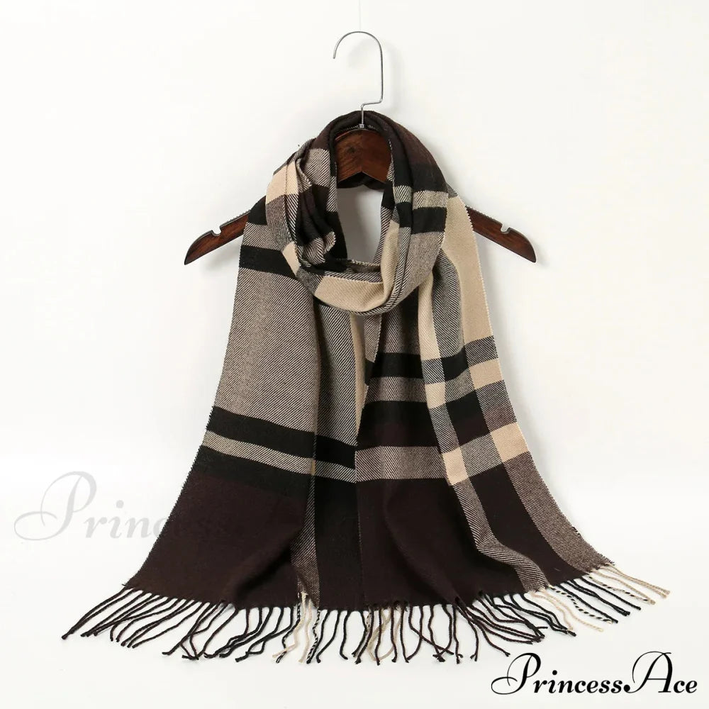 Plaid Print Cashmere Winter Pashmina Scarf - Luxury Travel Essential Khaki Scarfs-L