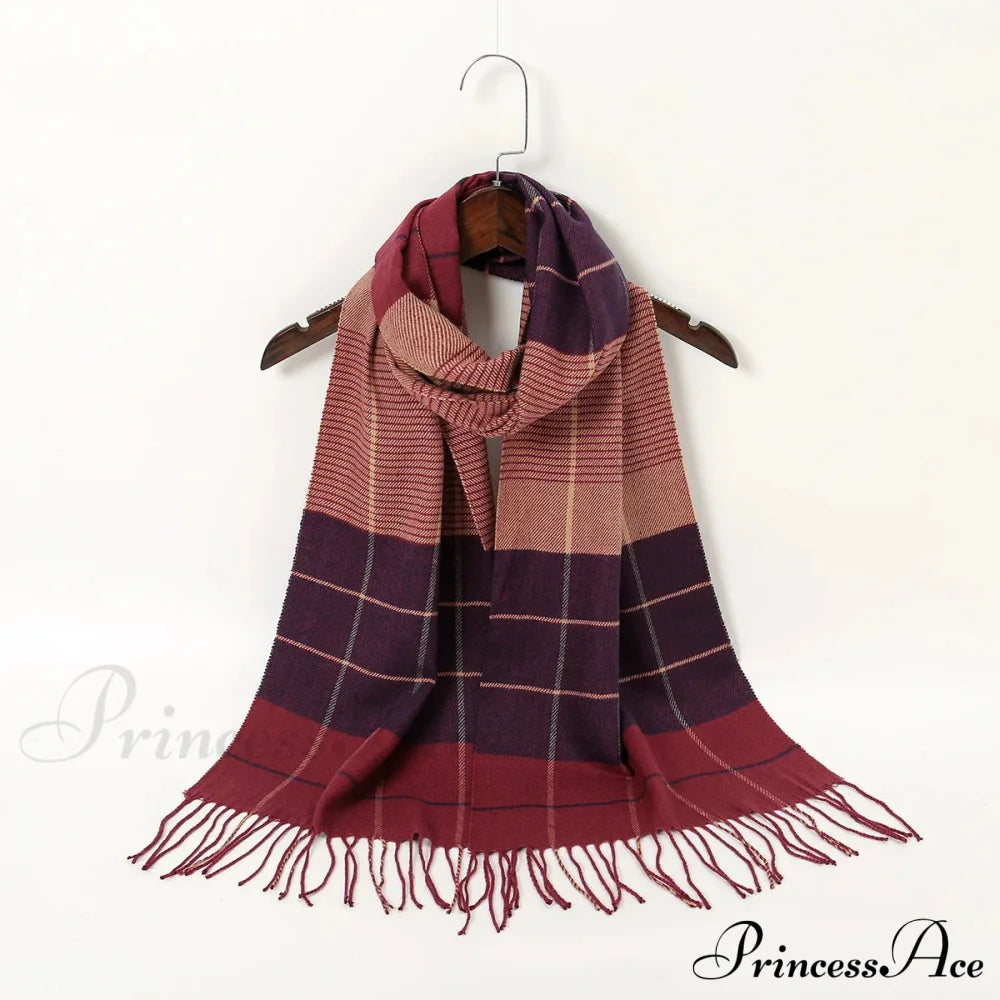 Plaid Print Cashmere Winter Pashmina Scarf - Luxury Travel Essential Red Pink Scarfs-L